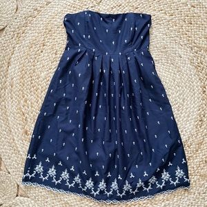 Molly B. Navy Embroidered Pleated Strapless Dress
